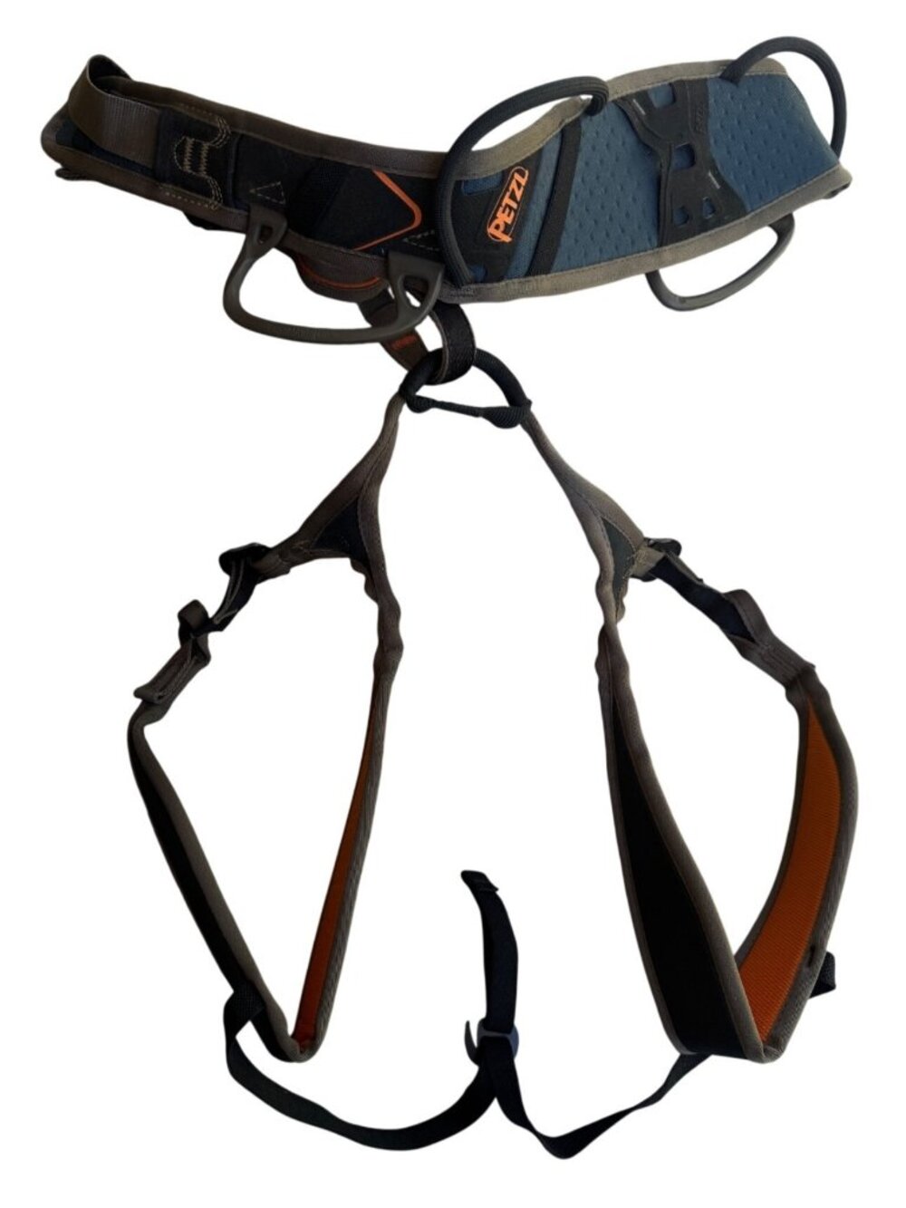 Petzl Climbing Harness Mens L Adjustable Leg Loops Gear Loops Orange Gray